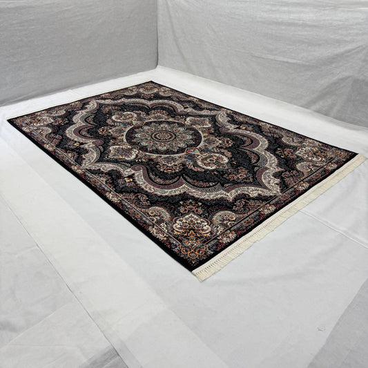 7ft x 10ft Persian Rug - Farsh e Nagin Chaman - 1000 Reeds, Elegant Black and Red Design, Premium Quality