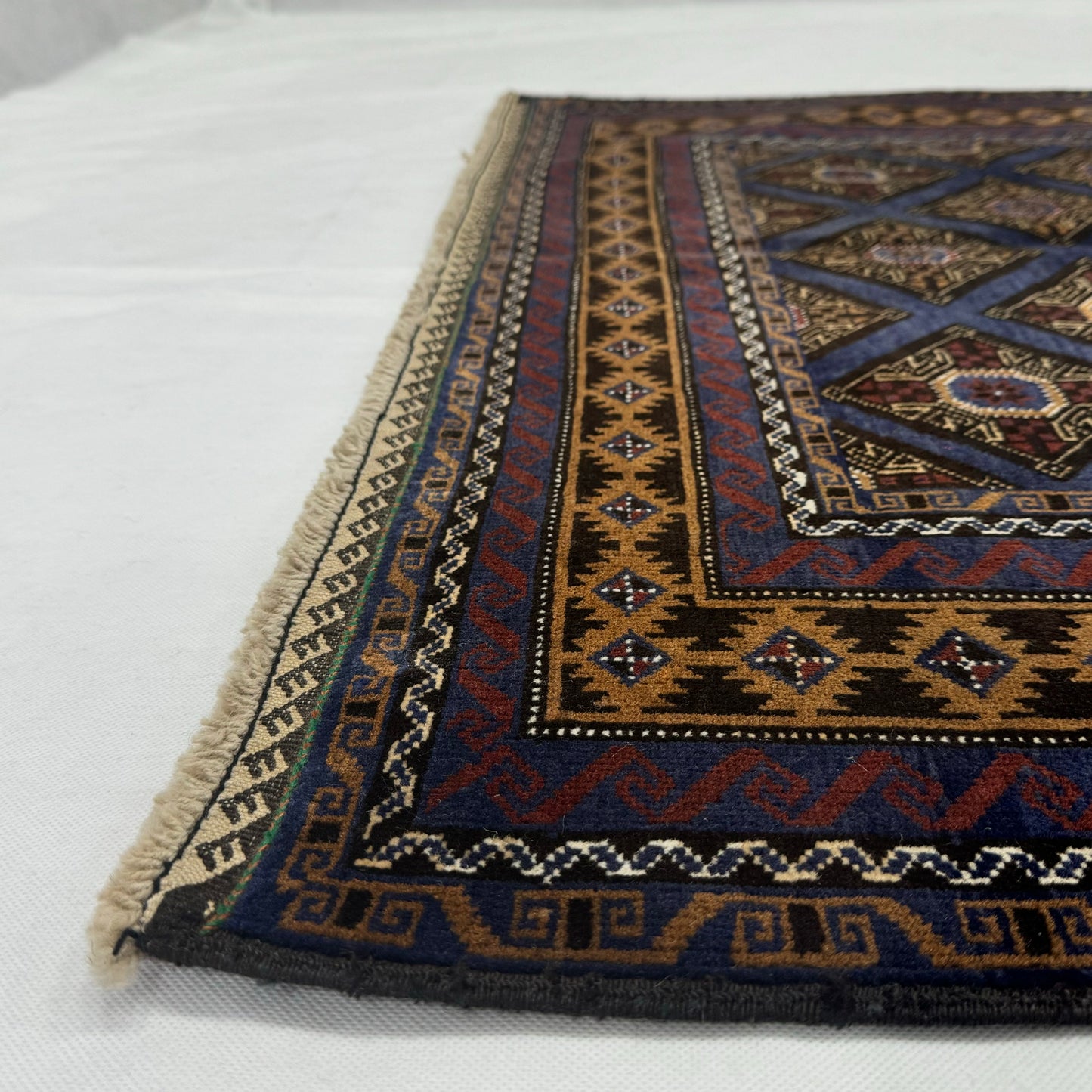 4 ft x 6 ft Afghan Handmade Wool Rug - Zakani Tribal Baluch Design, Deep Blues & Rich Gold Accents