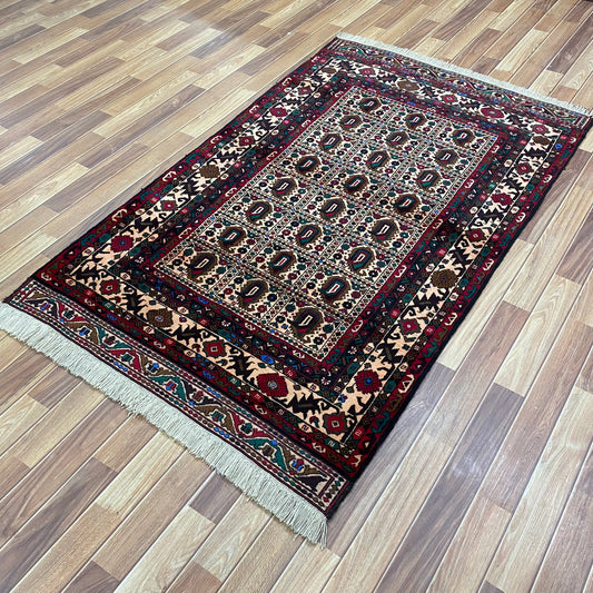 Authentic Baluchi 2 - 4 ft x 6 ft Handmade Wool Carpet - Red Wine and Peach - Timeless Beauty for Your Home