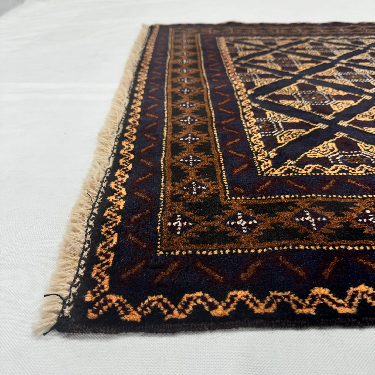 4 ft x 7 ft Afghan Handmade Wool Rug - Zakani Tribal Baluch, Geometric Design with Rich Black & Gold Tones