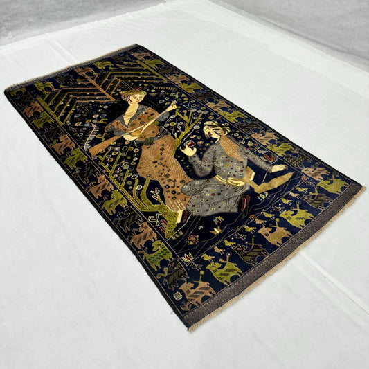 Stunning Afghan Handmade Shikargah Rug – 3.5 ft x 6.5 ft – Elegant Hunting Scene with Figures & Nature – Premium Wool, Traditional Afghan Craftsmanship