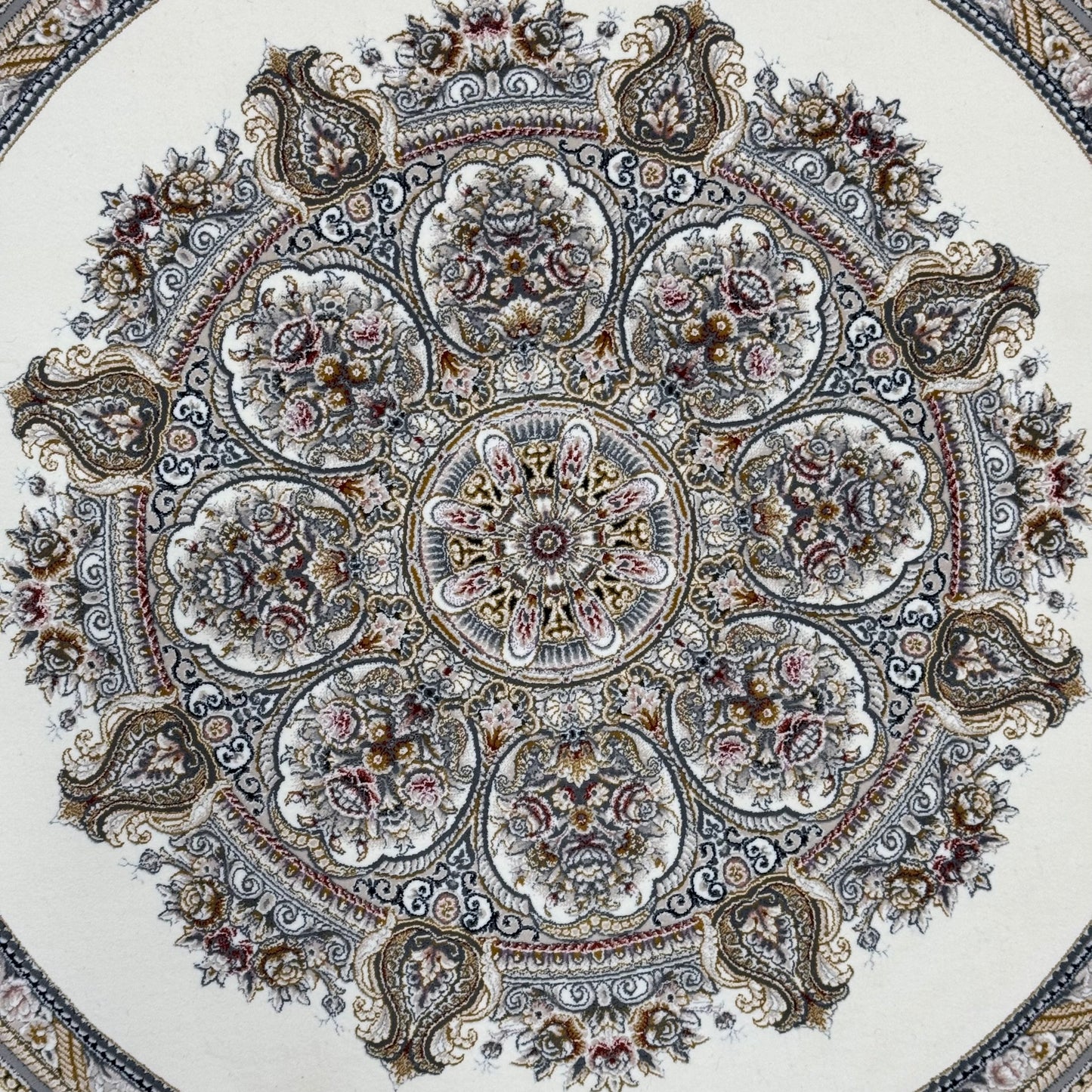 3 ft x 3 ft Persian Round Rug - Miniature by Pars Nagsh Kashan - 1500 Reeds - Elegant Ivory & Gold