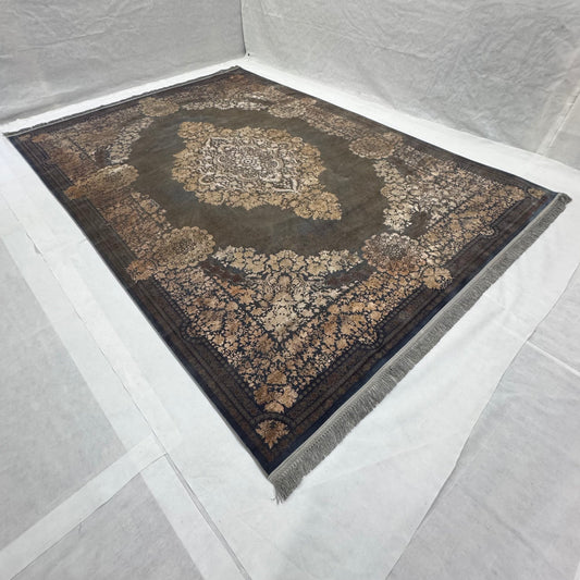 An 8 ft x 11 ft Persian Beheshti Tabriz Rug with a floral blue design, featuring intricate patterns and a central medallion, displayed on a white background.