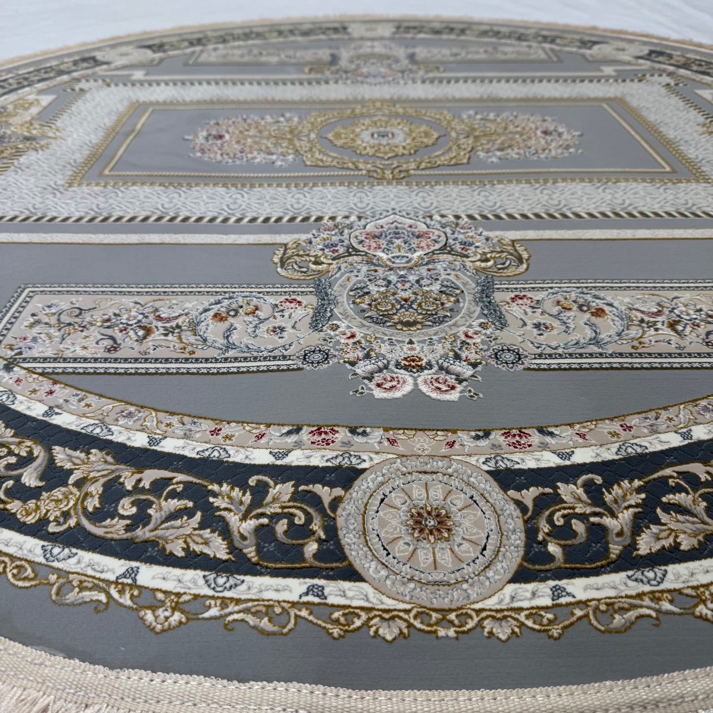 5 ft x 5 ft Persian Round Rug – Miniature by Pars Nagsh Kashan – 1500 Reeds – Elegant Grey and Gold Design