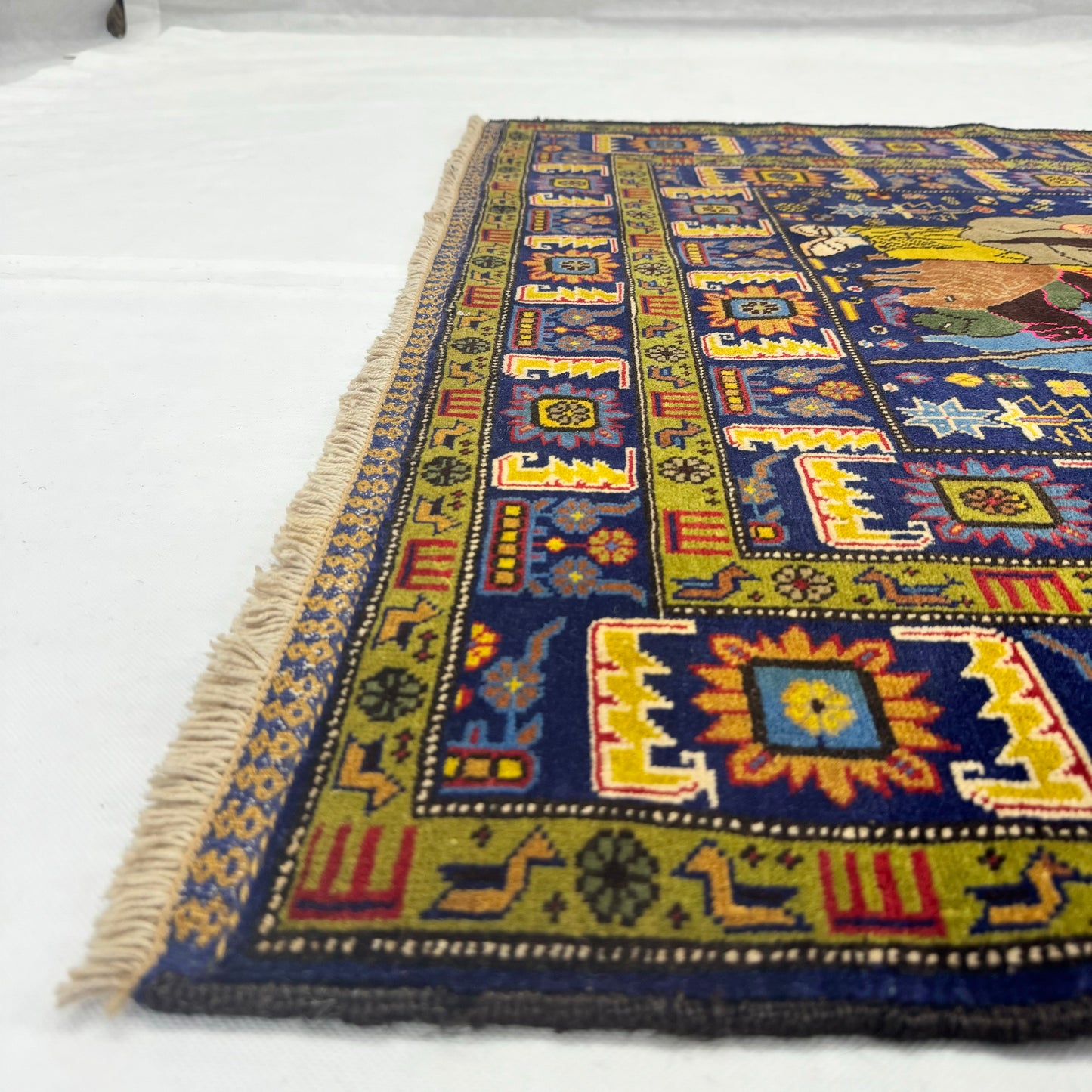 Exquisite Afghan Handmade Shikargah Rug – 4 ft x 7.5 ft – Vibrant Hunting Scene with Figures & Nature – Premium Wool, Traditional Afghan Craftsmanship