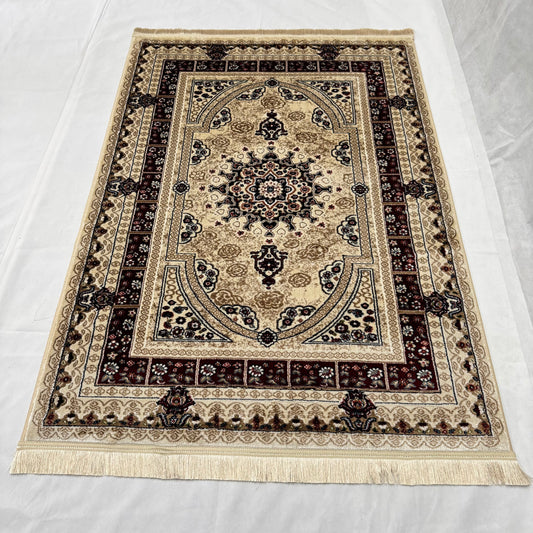 Turkish Rug - Golden Mirage Collection - Beige & Maroon Medallion Elegance