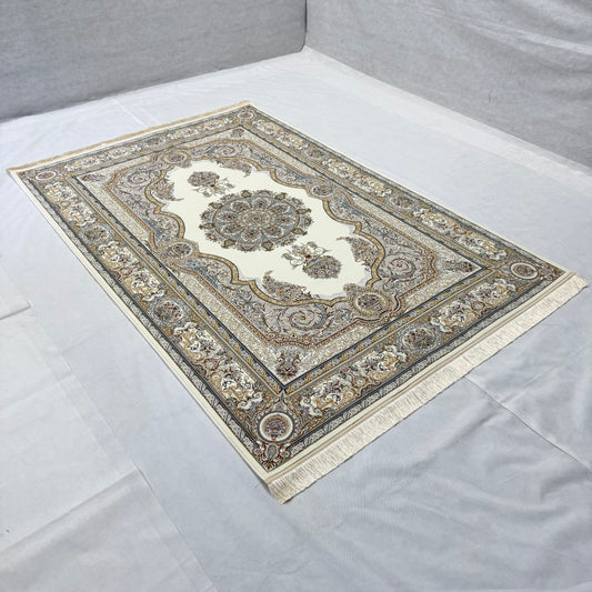 5ft x 8ft Persian Rug - Miniature - 1500 Reeds - Premium Silk - Ivory & Gold | Machine-Made Excellence