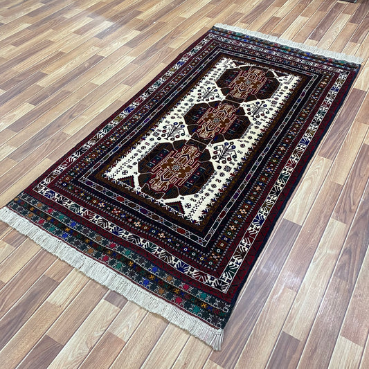 Authentic Baluchi 6 - 4 ft x 7 ft Handmade Wool Carpet - Red Wine and Beige - Timeless Beauty for Your Home