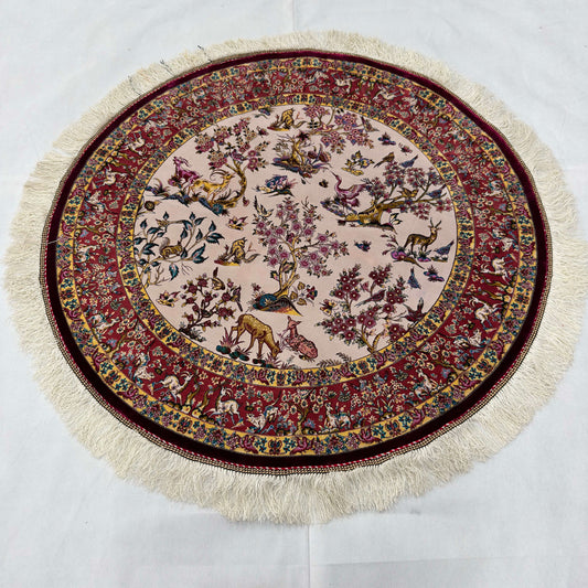 Persian Silk Round Rug | Pure Silk Abresham | 3 ft x 3 ft | 1600 Reeds