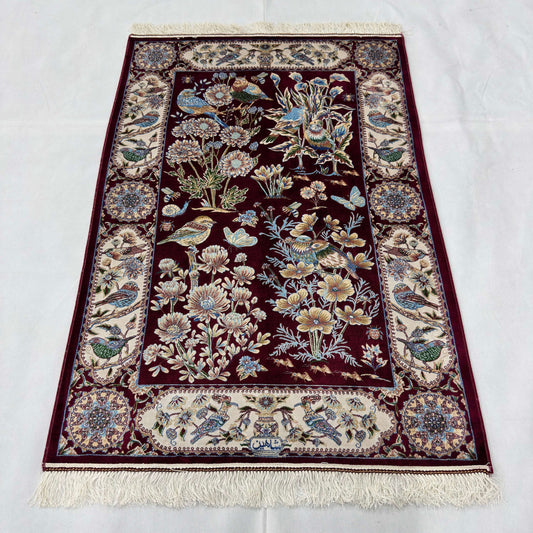 Persian Silk Garden Bird Rug 2.5 ft x 4 ft | Pure Silk Abresham 1600 Reed