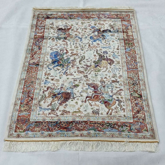 Persian Silk Hunting Scene Rug 2.5 ft x 4 ft | Pure Silk Abresham