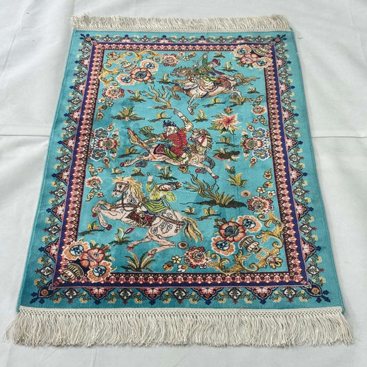 Persian Silk Hunting Scene Rug 2 ft x 3 ft | Teal Floral Equestrian