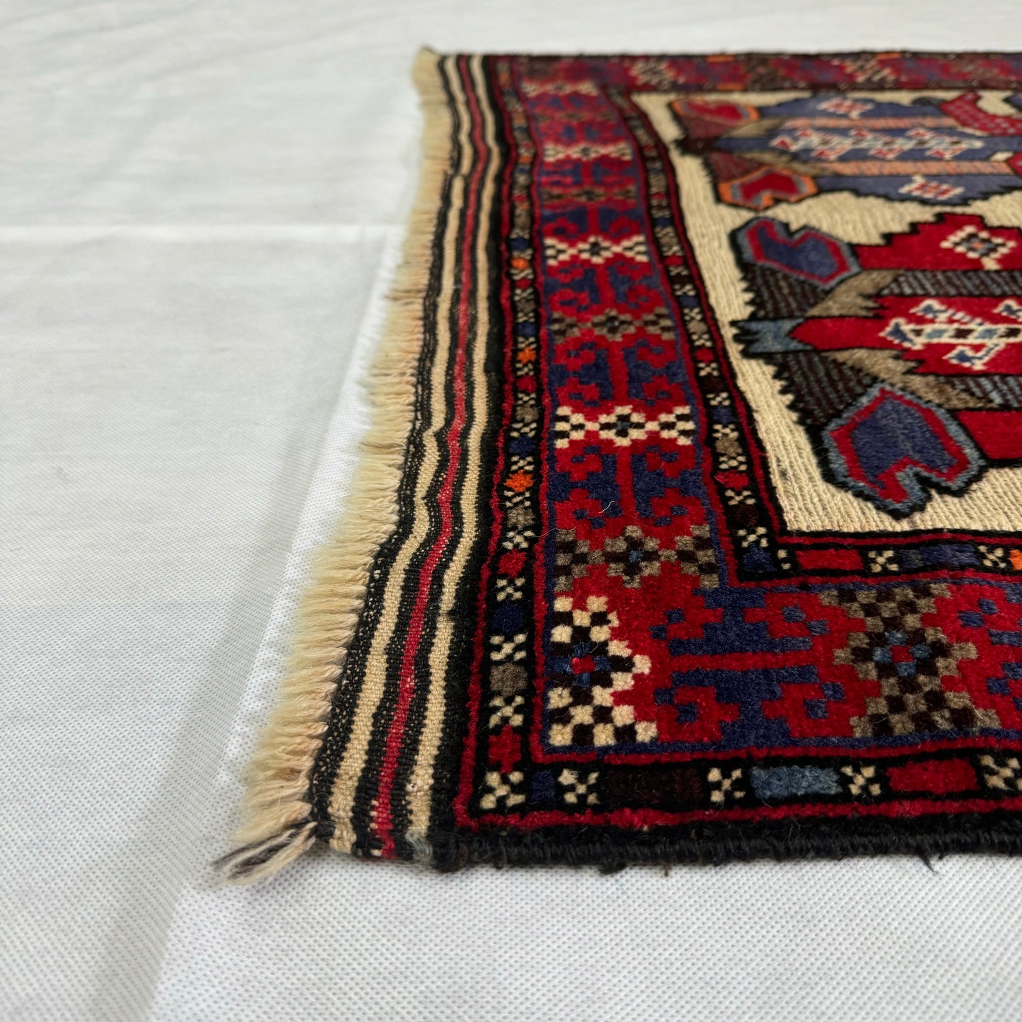 Handmade 3 ft x 5 ft Gul Barjasta Rug – Vibrant Red, Blue, and Beige Floral Motifs