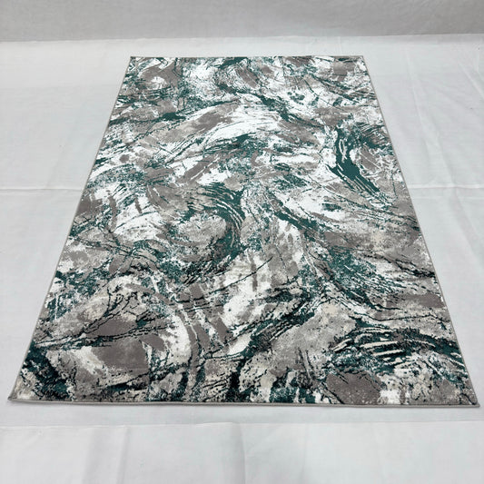 Bosphorus Flow Turkish Silk Rug – Teal & Grey Abstract, 5 x 8 ft