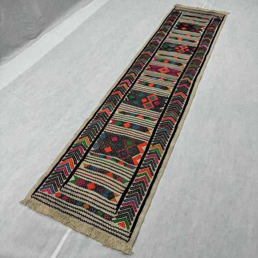Vibrant Afghani Handmade Kilim Runner - 2.5 ft x 10 ft | Colorful Wool Rug for Hallway