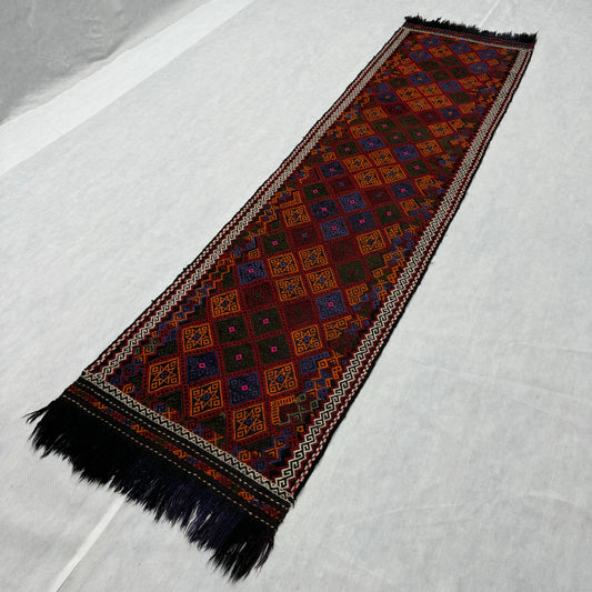Vibrant Afghani Handmade Kilim Runner Rug - 2.5 ft x 9 ft - Colorful Wool Geometric Design