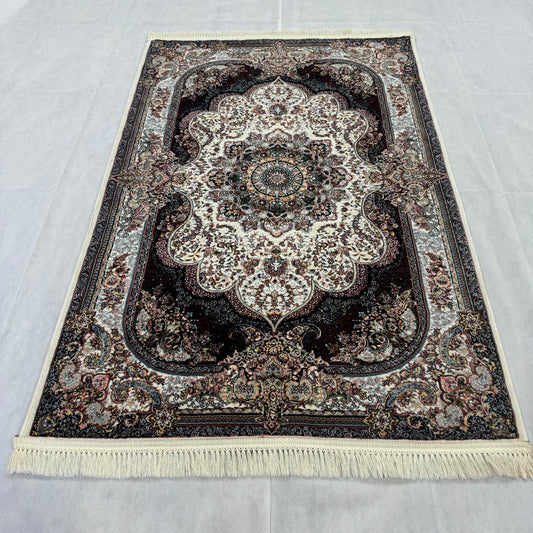 Luxurious Persian Rug 4ft x 6ft - Farsh Nagin Chaman Design in Ivory & Black - 1000 Reeds Acrylic Rug