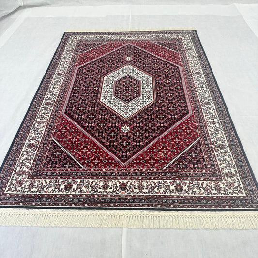 Exquisite Persian 5 ft x 8 ft Red & White Hexagon Design Rug - 1000 Reeds - Farsh Nagin Chaman Acrylic Machine Made