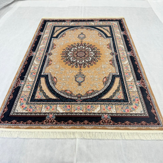 Elegant Persian 5 ft x 8 ft Beige & Black Rug - 1000 Reeds - Farsh Nagin Chaman - Machine Made Acrylic