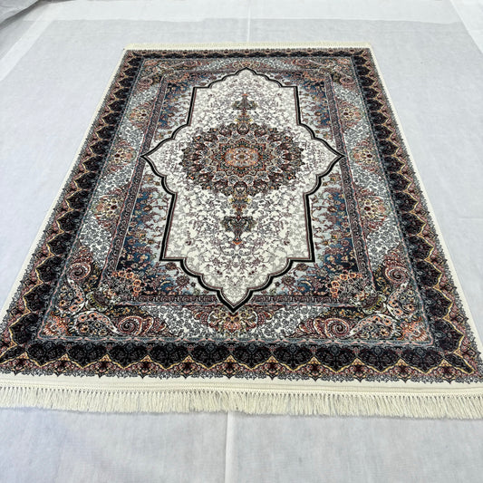 Elegant Ivory & Black Persian Rug 5 ft x 8 ft - 1000 Reeds - Farsh Nagin Chaman - Machine Made Acrylic