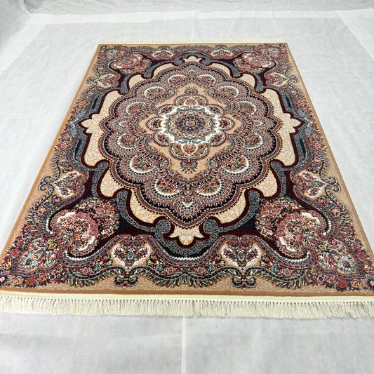 Luxurious Beige & Maroon Persian Rug 5 ft x 8 ft - 1000 Reeds - Farsh Nagin Chaman - Machine Made Acrylic Rug