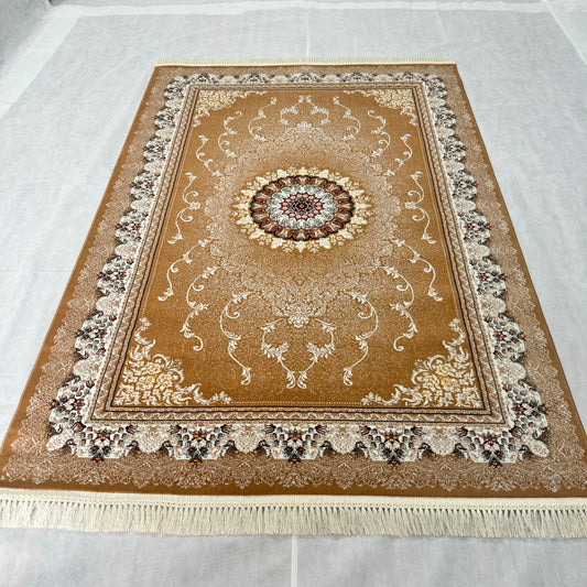 Golden Beige Persian Rug 5 ft x 8 ft - 1000 Reeds - Farsh Nagin Chaman - Luxurious Machine Made Acrylic