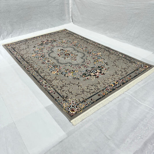 Elegant Gray Persian Rug 7 ft x 10 ft - 1000 Reeds - Farsh Nagin Chaman - Floral Medallion Design for Luxurious Homes