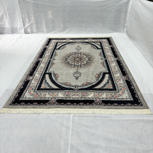 Elegant Gray Persian Rug 7 ft x 10 ft - 1000 Reeds - Farsh Nagin Chaman Collection - Sophisticated Medallion Design