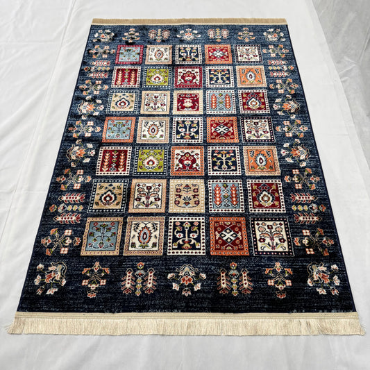 Turkish Rug - Ottoman Mosaic Collection - Navy Multicolor Tribal Squares