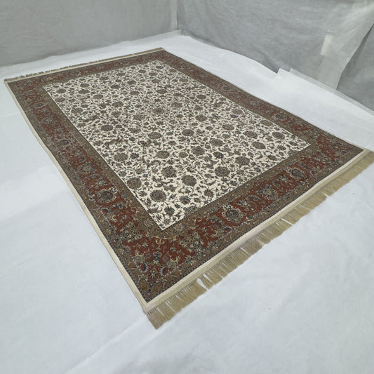 Persian Kashani Bamboo Silk Rug 8x11 ft 1500 Reeds Cream Red Luxury Iranian Carpet
