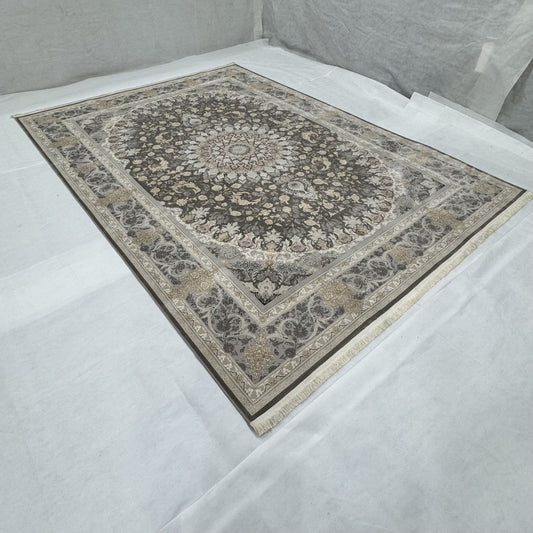 Persian Kashani Bamboo Silk Rug 8x11 ft 1500 Reeds Grey Medallion Luxury Iranian Carpet