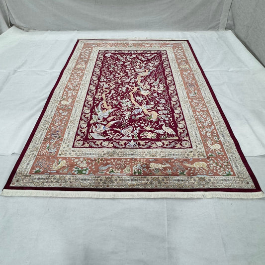 Persian Qom Bird of Paradise Pure Silk Abresham Rug 7 ft x 10 ft | 1600