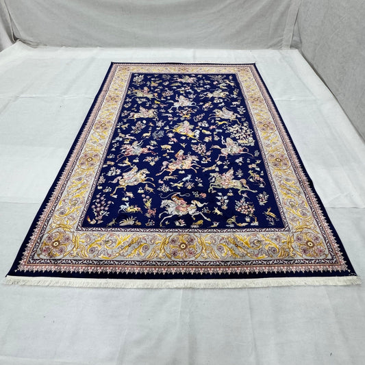 Persian Shekargh Navy Hunting Pure Silk Abresham Rug 7 ft x 10 ft | 1600
