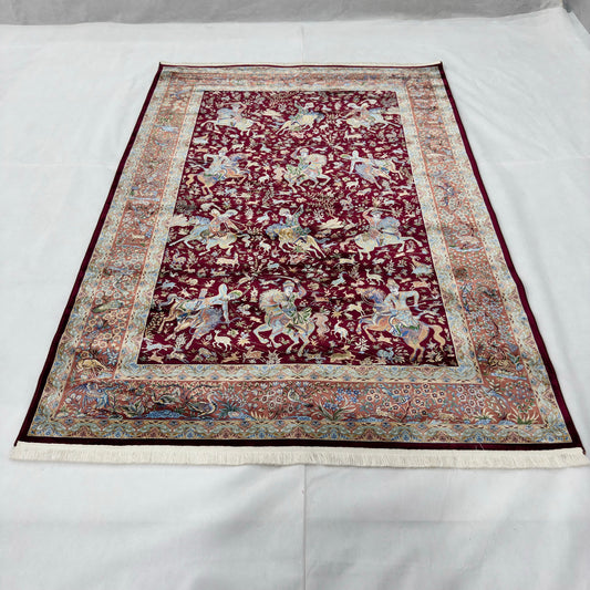 Persian Silk Hunting Scene Rug 5 ft x 8 ft | Pure Silk Abresham | 1600 Reeds