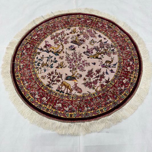 Persian Silk Round Rug | Pure Silk Abresham | 3 ft x 3 ft | 1600 Reeds
