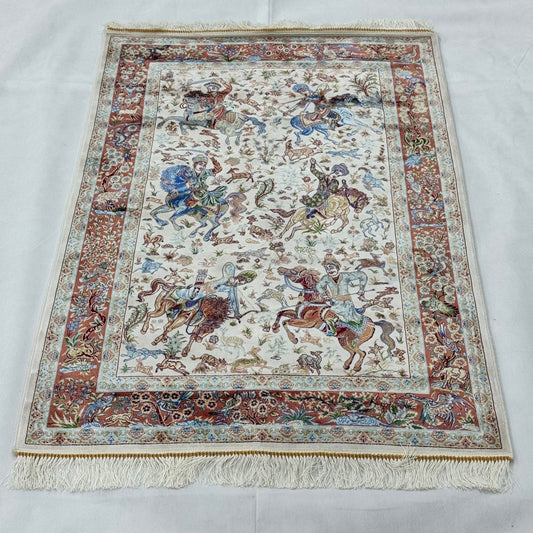 Persian Silk Hunting Scene Rug 2.5 ft x 4 ft | Pure Silk Abresham
