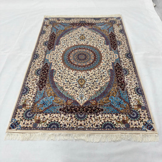 Persian Silk Abresham Medallion Rug 4 ft x 6 ft | 1600 Reed Machine-Made Iran