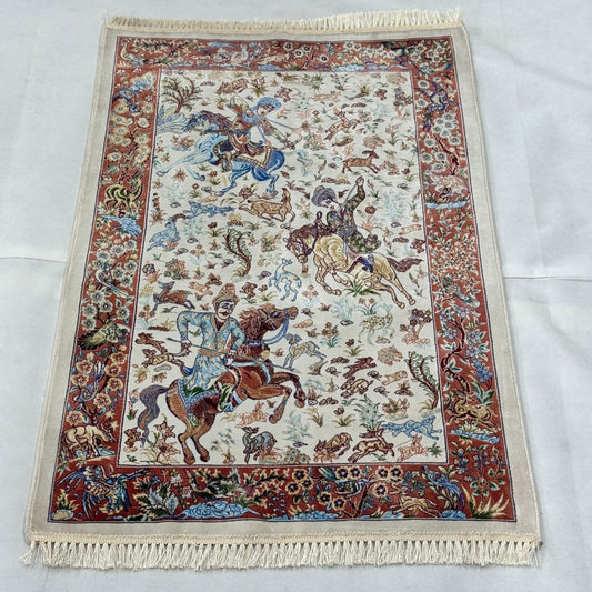 Persian Silk Hunting Scene Rug 2 ft x 3 ft | Pure Silk | 1600 Reeds