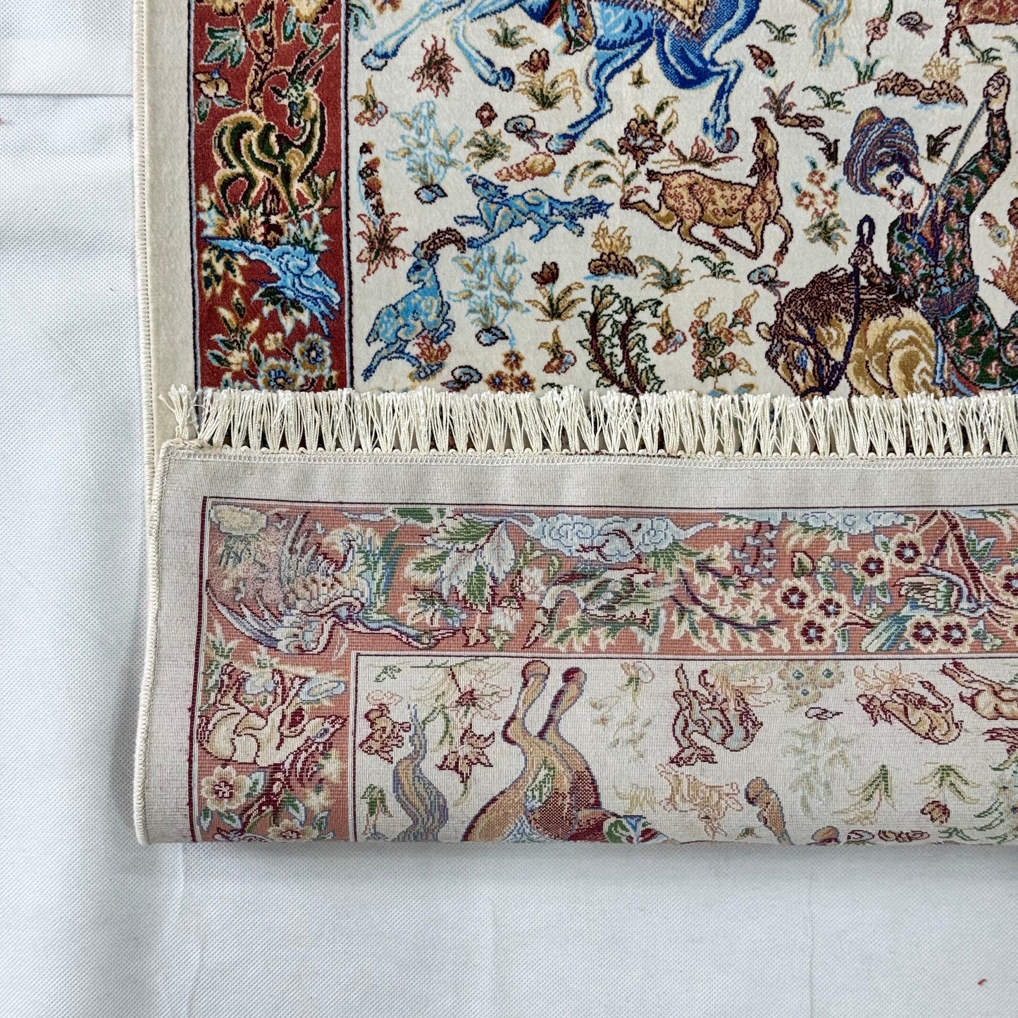 Persian Silk Hunting Scene Rug 2 ft x 3 ft | Pure Silk | 1600 Reeds
