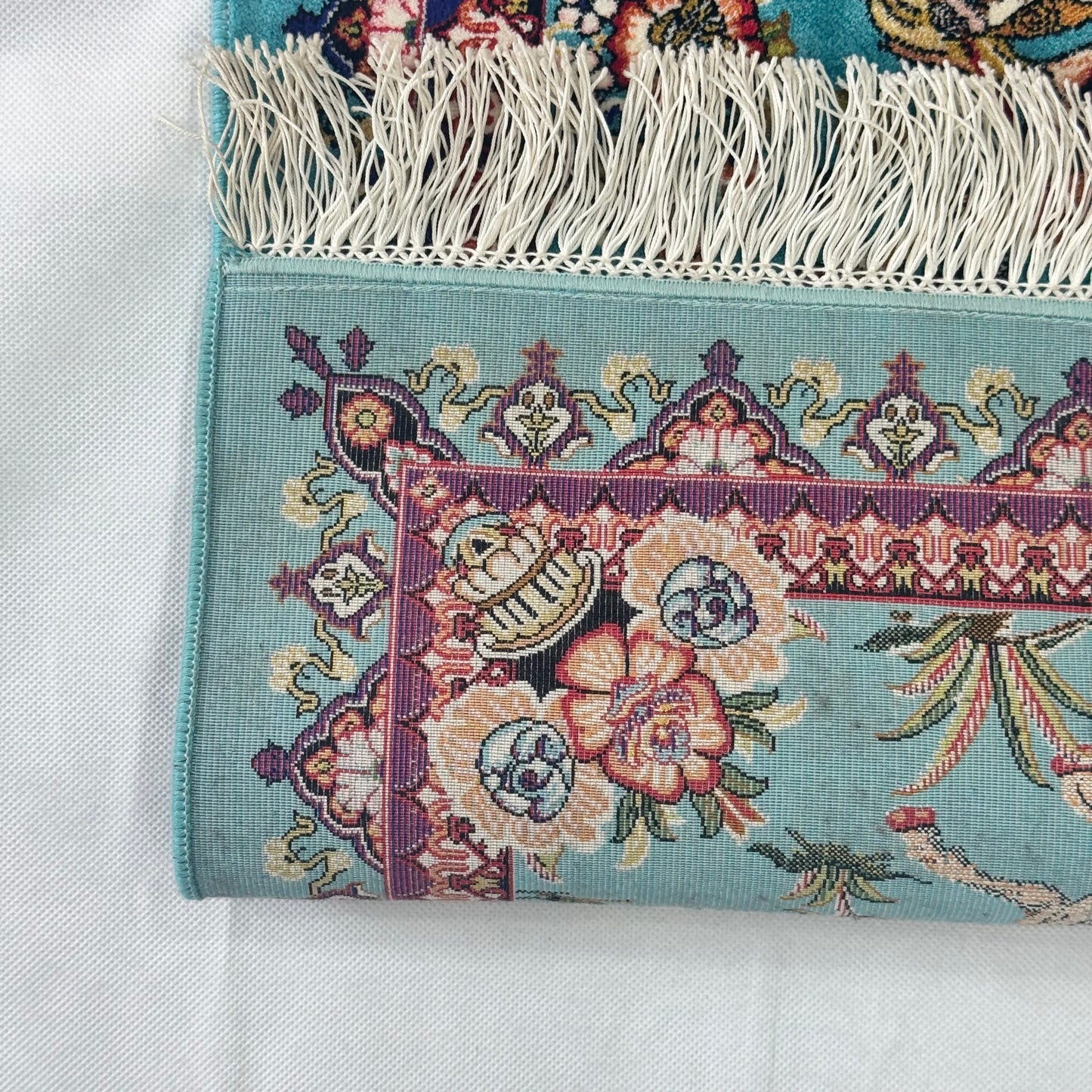 Persian Silk Hunting Scene Rug 2 ft x 3 ft | Teal Floral Equestrian