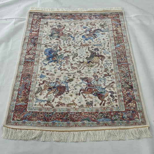 Persian Silk Hunting Scene Rug 2.5 ft x 4 ft | Pure Silk Abresham