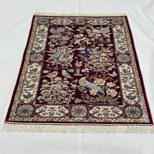 Persian Silk Bird & Floral Garden Rug 4 ft x 6 ft | 1600 Reed Pure Silk