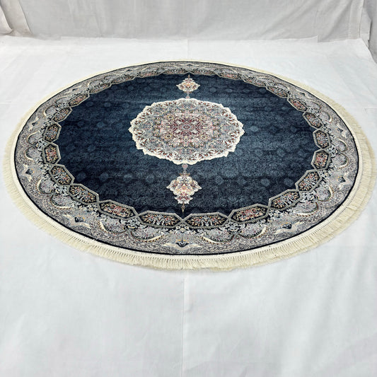 8.25 ft x 8.25 ft Round Persian Navy Acrylic Rug | 1000 Reed Floral Medallion, Iran