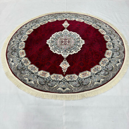 7 ft x 7 ft Round Persian Crimson Acrylic Rug | 1000 Reed Medallion Carpet, Iran