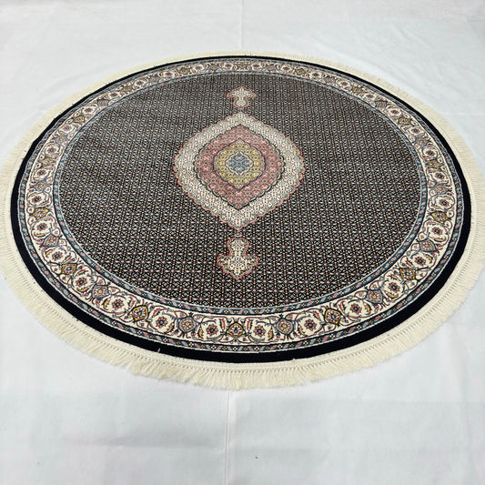 7 ft x 7 ft Round Persian Black Acrylic Rug | 1000 Reed Medallion Carpet, Iran