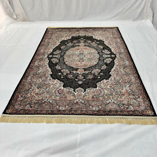7 ft x 10 ft Black Persian 1200 Reed Acrylic Rug, Kashan Medallion Carpet