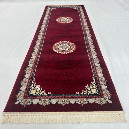 3 ft x 10 ft Persian Crimson Acrylic Runner Rug | 1000 Reed Floral Medallion, Iran