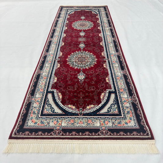 3 ft x 10 ft Persian Crimson Runner Rug | 1000 Reed Triple Medallion Carpet, Iran