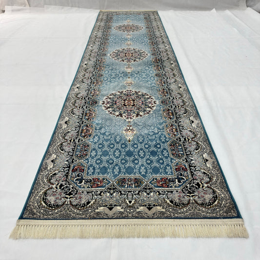 3 ft x 13 ft Persian Steel Blue Acrylic Runner | 1000 Reed Triple Medallion, Iran