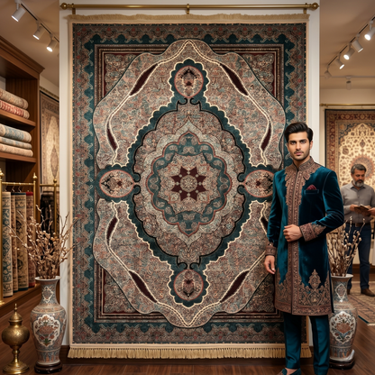 7 ft x 10 ft Teal Persian 1200 Reed Acrylic Rug, Qum Medallion Carpet